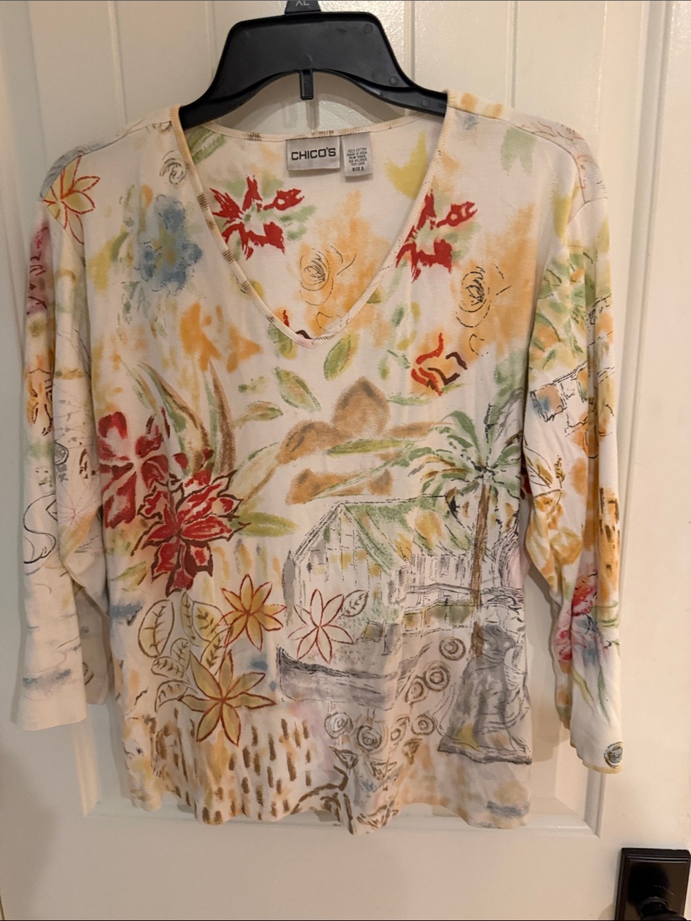 Chico's Size 2 (L) V-Neck Floral Watercolor Tunic in Multi-Color
